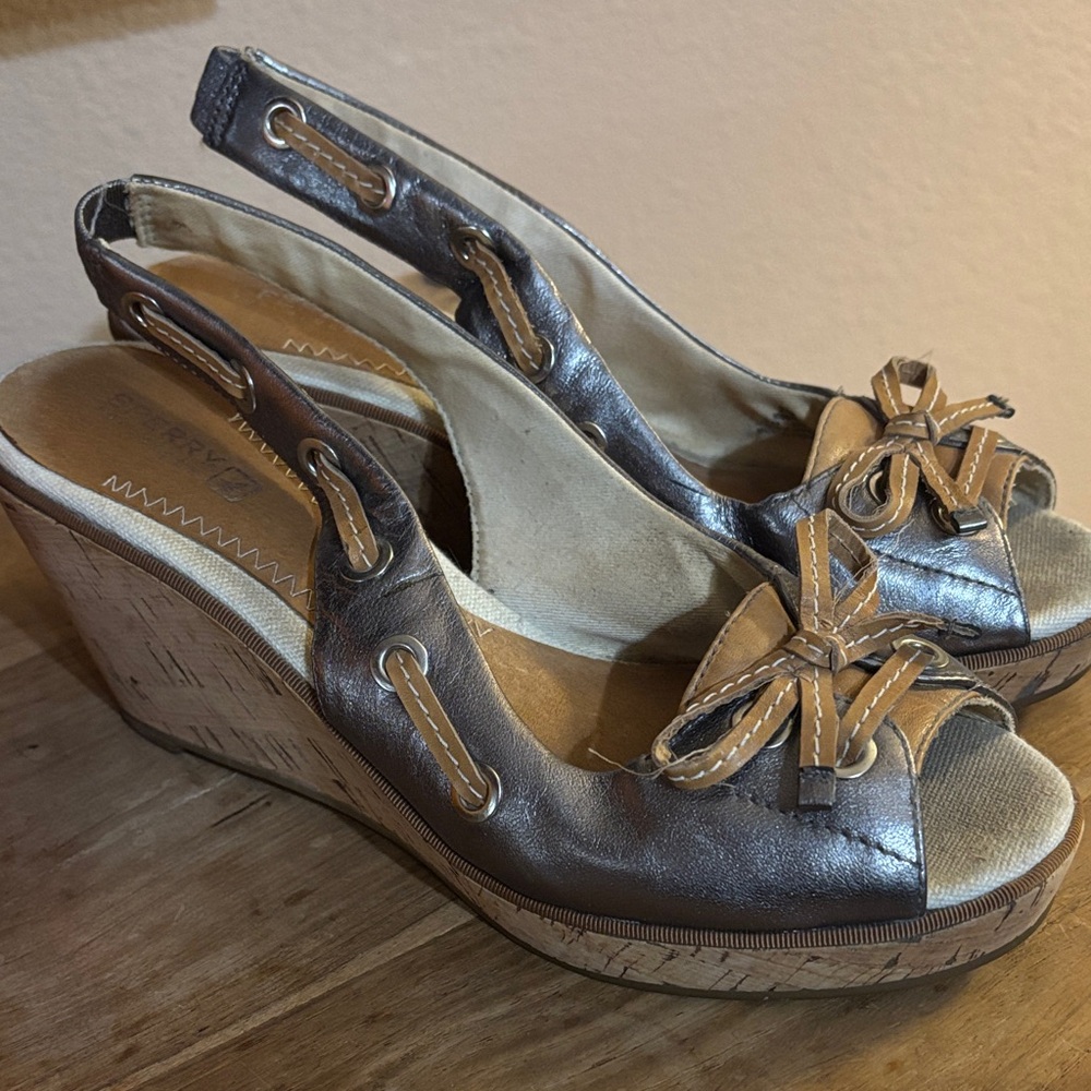 Sperry Metallic and Tan Wedge Sandals